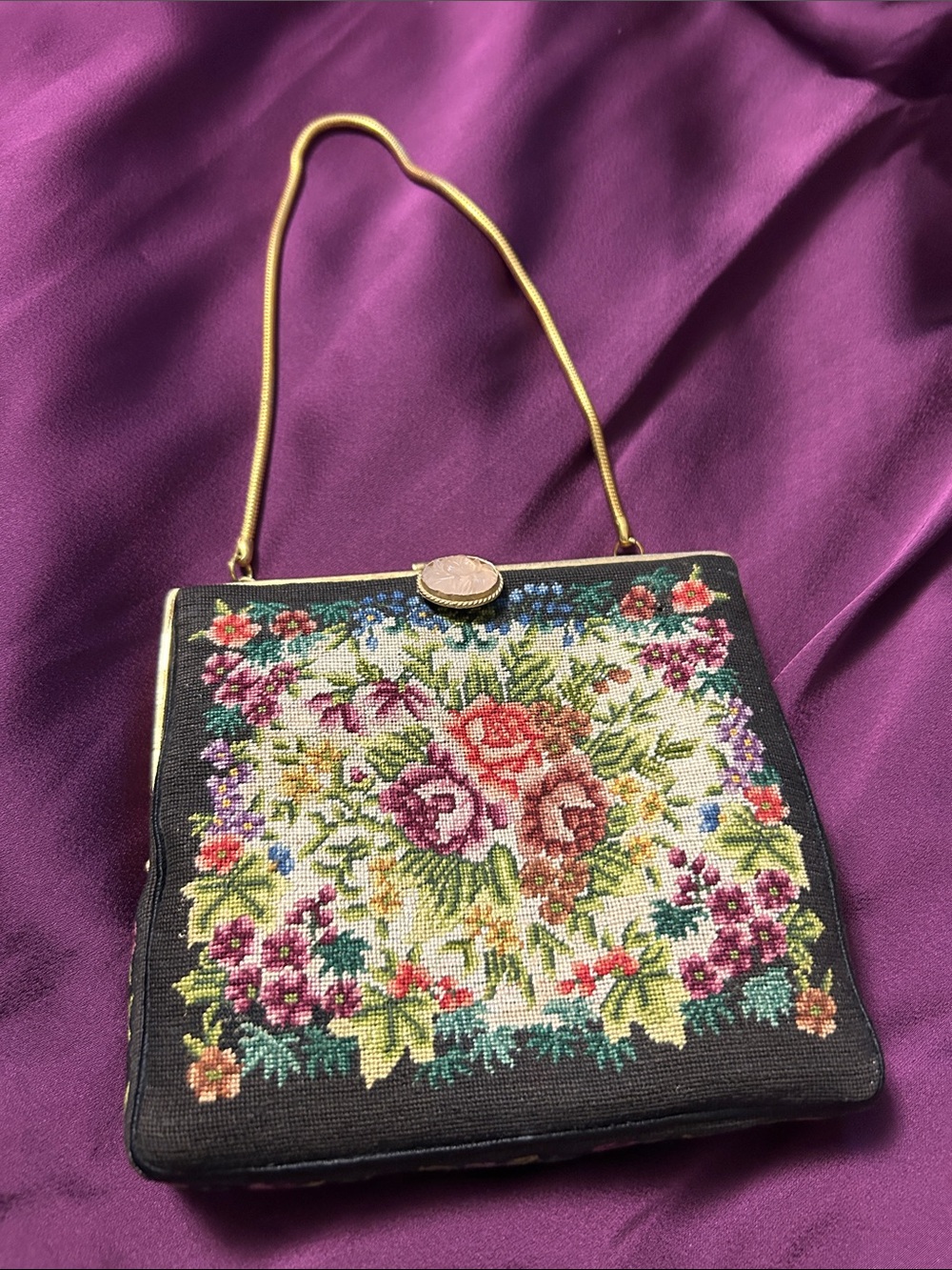 Black Floral Needlepoint Wristlet Clutch with Gold Frame